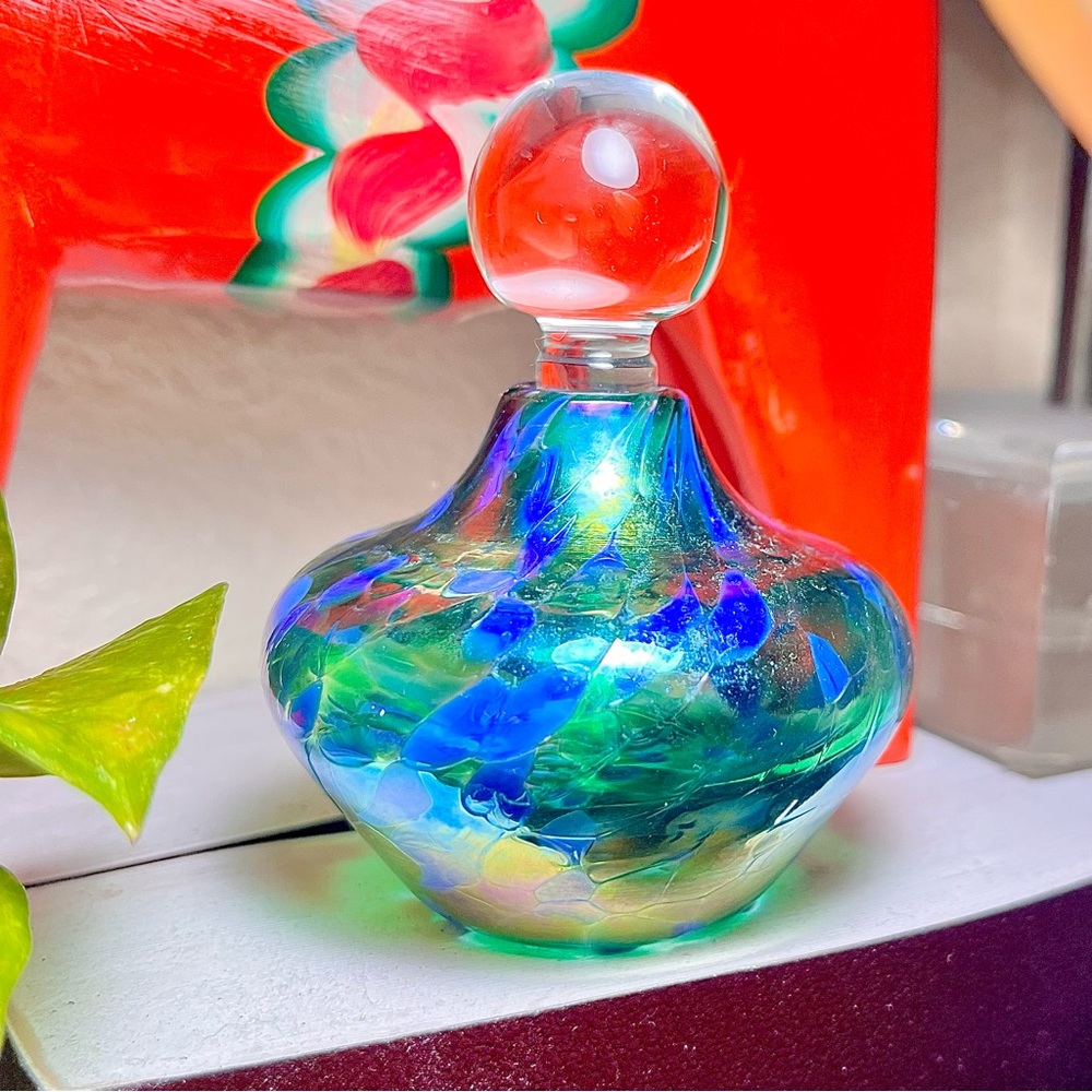 Multicolor Art Glass Perfume Bottle in Iridescent Greens & Blues by Roger Vines